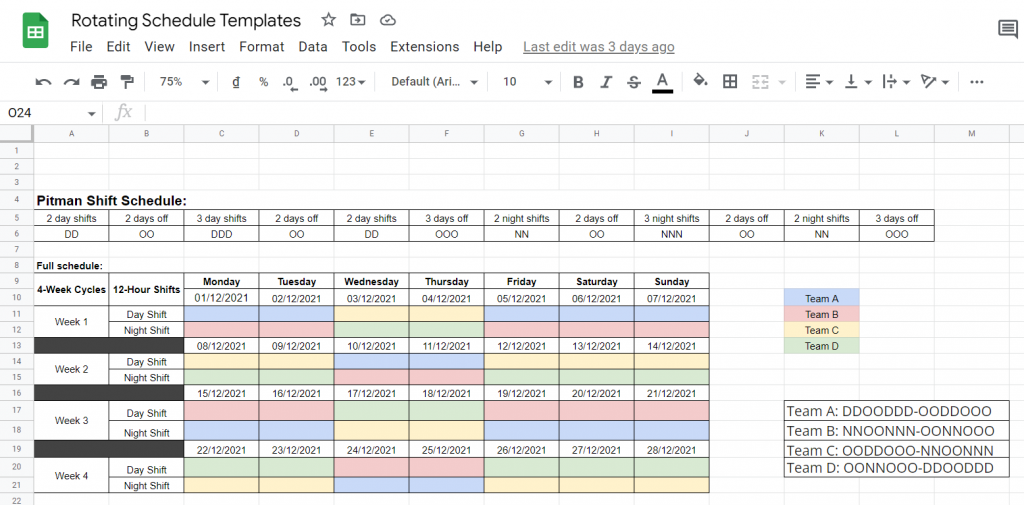 Pitman schedule template on Google Sheets