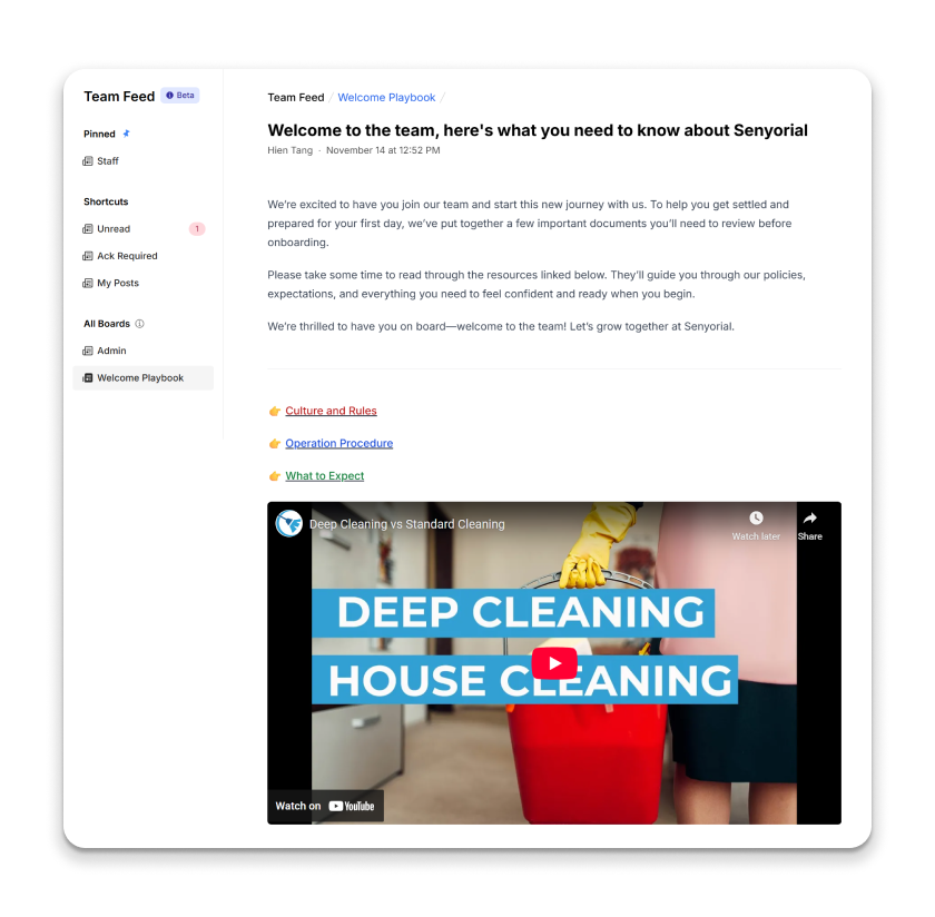 Onboarding for cleaning service staff on Camelo using Team Feed